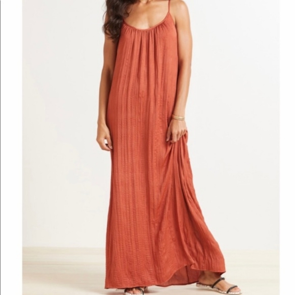 Roan + Ryan Willa Maxi Dress In A Terracota Color.